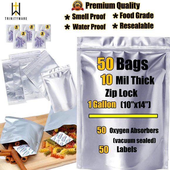 50pcs Mylar Bags 1 Gallon 10 Mil Thick w/ Oxygen Absorbers 500cc Food St… - Picture 1 of 14